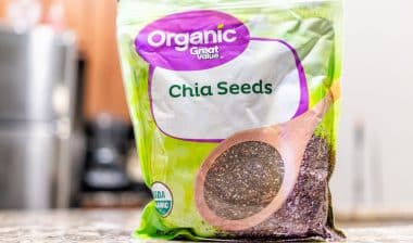 closeup of Organic Great Value Walmart bag package of raw chia seeds