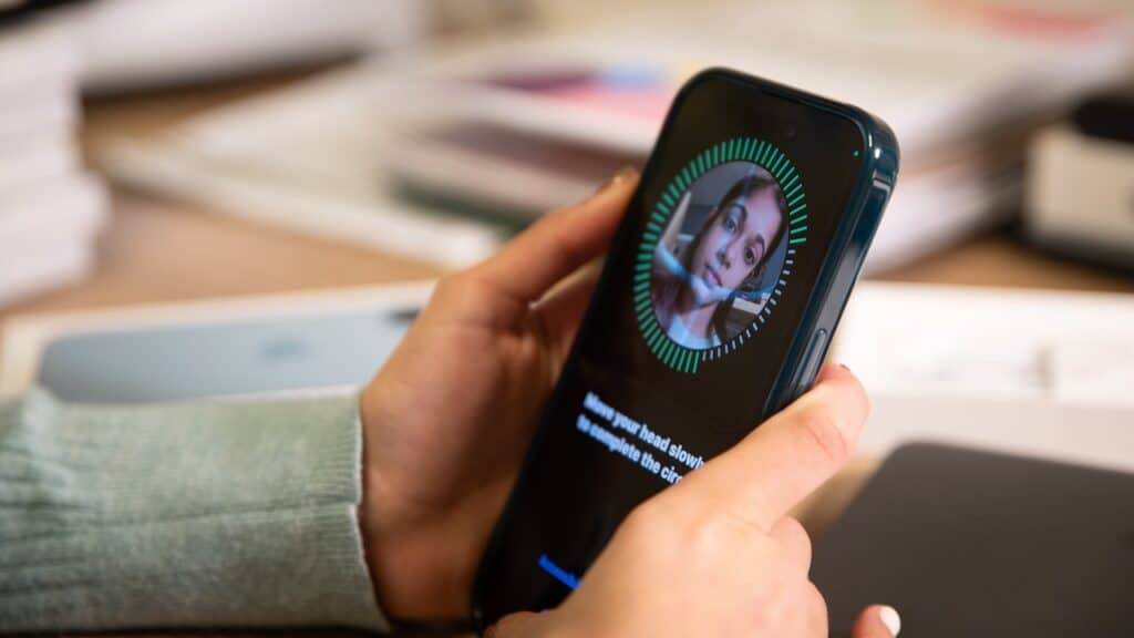 A person holding an iPhone during the Face ID setup process