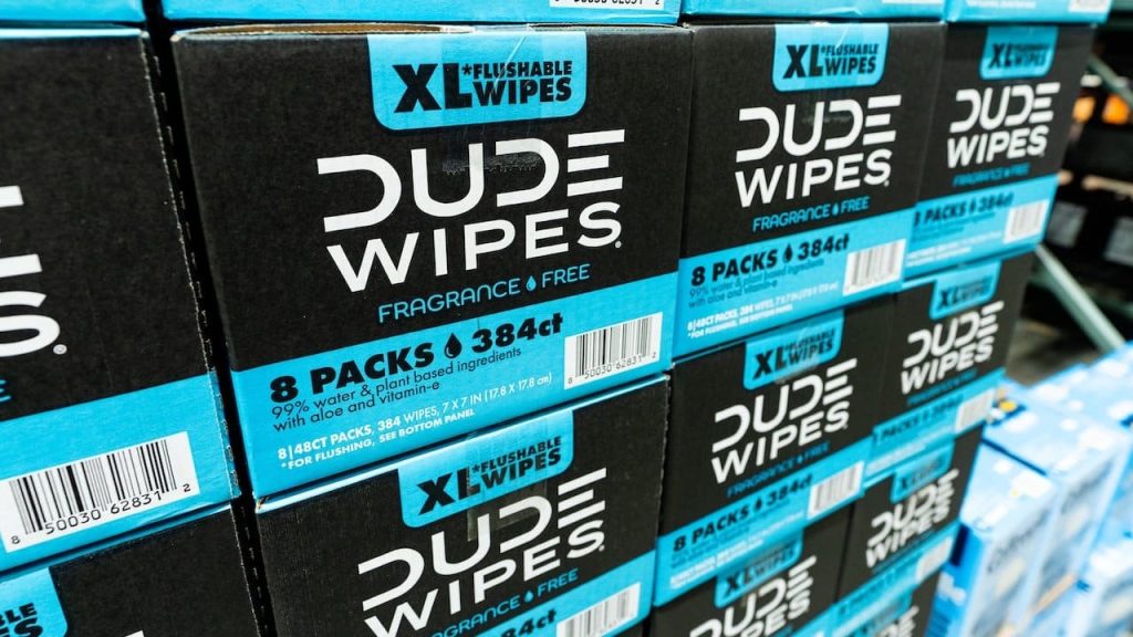Boxes Of Dude Wipes Flushable Wet Wipes Products Displayed On Retail Store Shelf