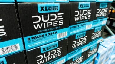 Boxes Of Dude Wipes Flushable Wet Wipes Products Displayed On Retail Store Shelf