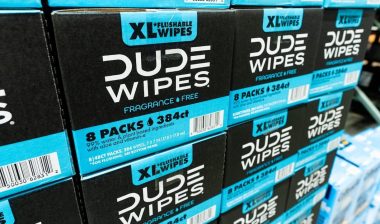 Boxes Of Dude Wipes Flushable Wet Wipes Products Displayed On Retail Store Shelf