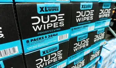 Boxes Of Dude Wipes Flushable Wet Wipes Products Displayed On Retail Store Shelf
