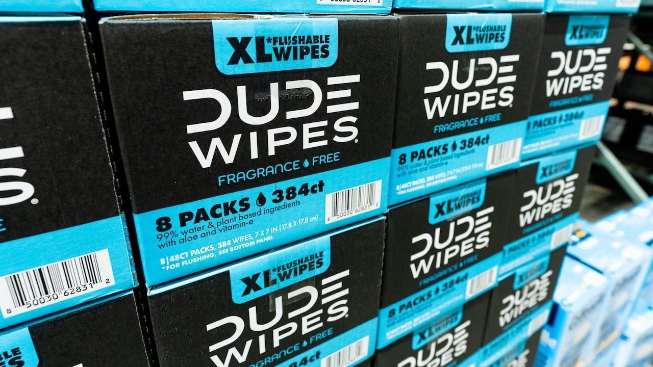 Boxes Of Dude Wipes Flushable Wet Wipes Products Displayed On Retail Store Shelf