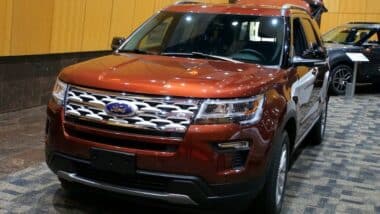 A brand new 2019 Ford Explorer in dark metallic orange