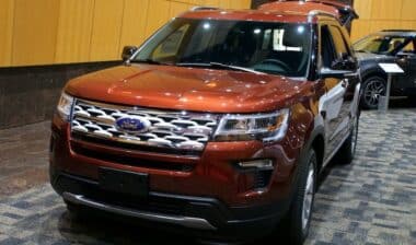 A brand new 2019 Ford Explorer in dark metallic orange