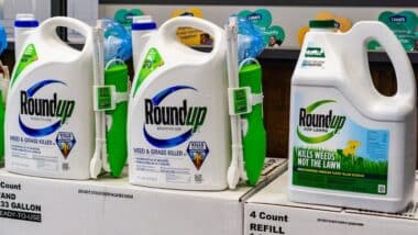 RoundUp weed killer on a store shelf; Bayer purchased Monsanto in 2018 and since then there have been more than 10,000 lawsuits filed against its subsidiary