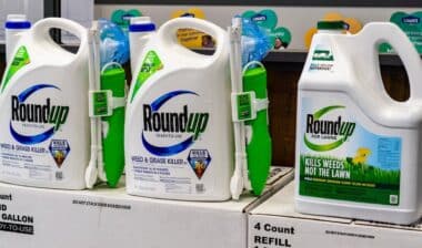 RoundUp weed killer on a store shelf; Bayer purchased Monsanto in 2018 and since then there have been more than 10,000 lawsuits filed against its subsidiary