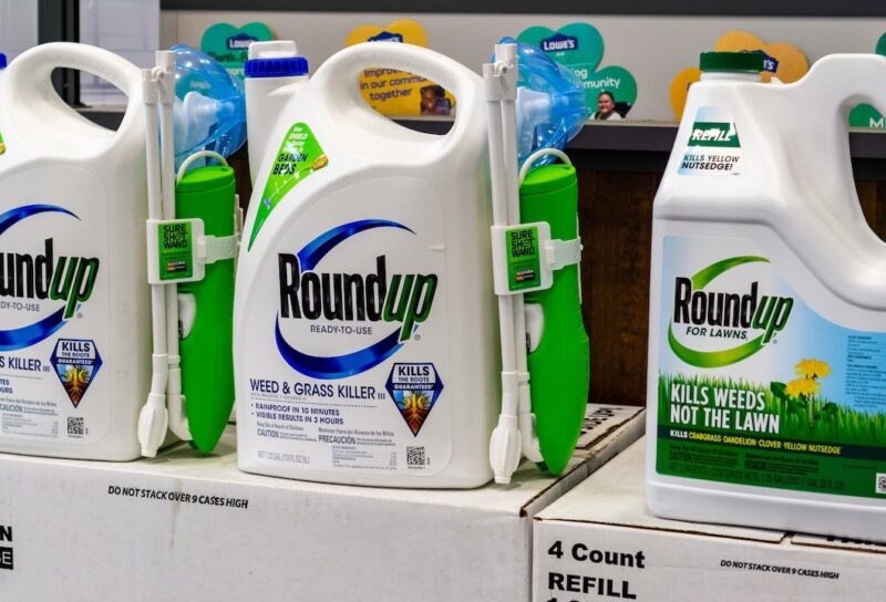 RoundUp weed killer on a store shelf; Bayer purchased Monsanto in 2018 and since then there have been more than 10,000 lawsuits filed against its subsidiary