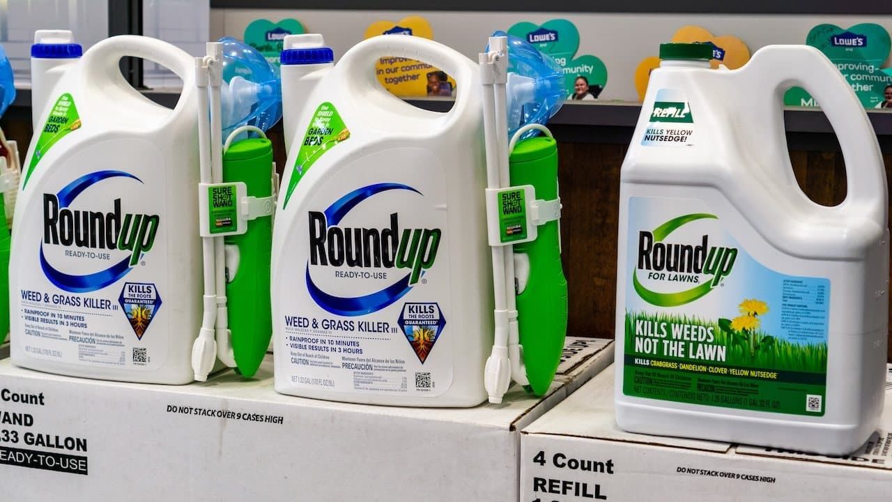 RoundUp weed killer on a store shelf; Bayer purchased Monsanto in 2018 and since then there have been more than 10,000 lawsuits filed against its subsidiary