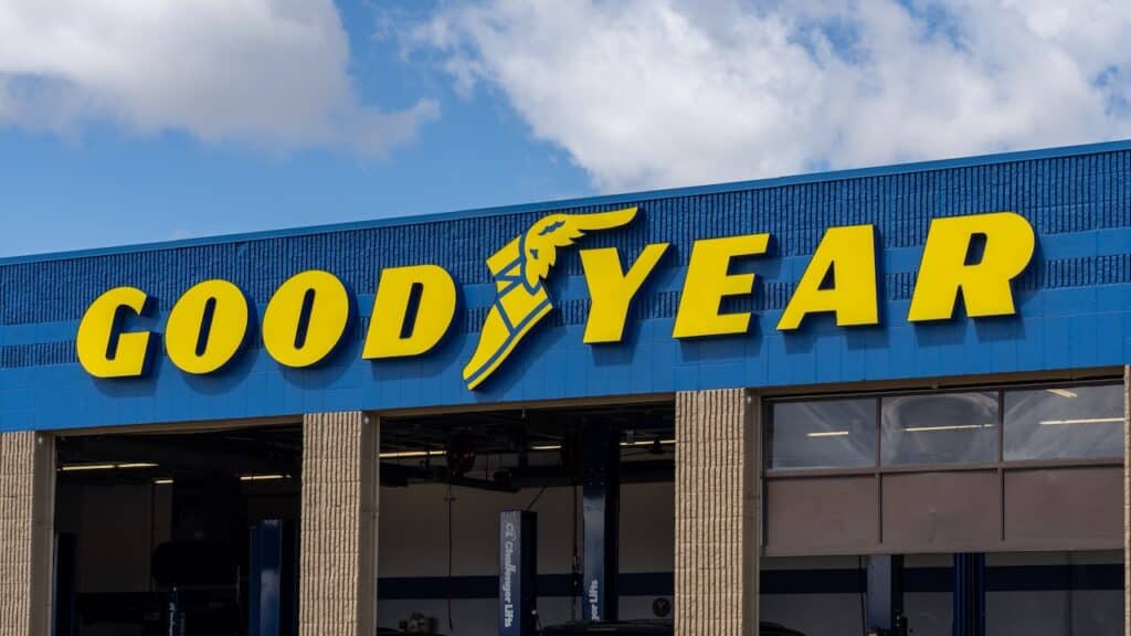 Close up of the Goodyear logo sign on the building.