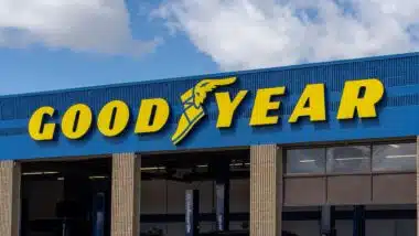 Close up of the Goodyear logo sign on the building.