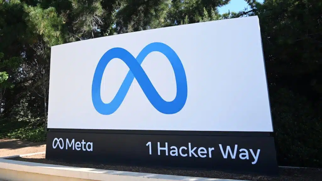 Meta logo sign near Meta Platforms headquarters on 1 Hacker Way.