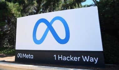 Meta logo sign near Meta Platforms headquarters on 1 Hacker Way.
