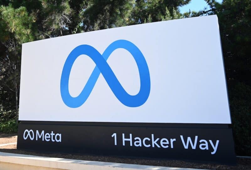 Meta logo sign near Meta Platforms headquarters on 1 Hacker Way.
