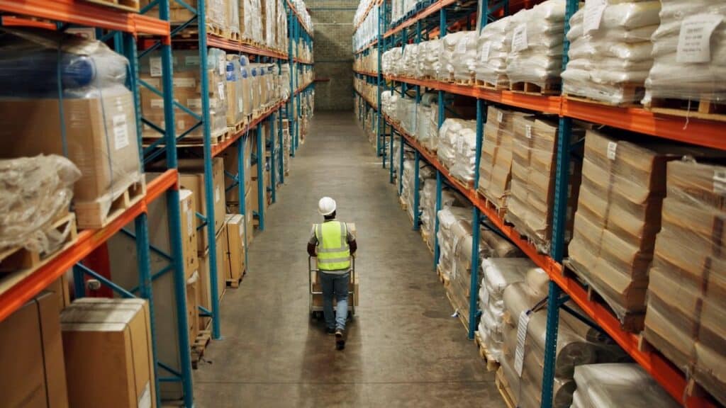 Warehouse, shipping and man walking in a distribution, freight and supply chain company.