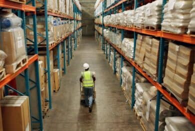 Warehouse, shipping and man walking in a distribution, freight and supply chain company.