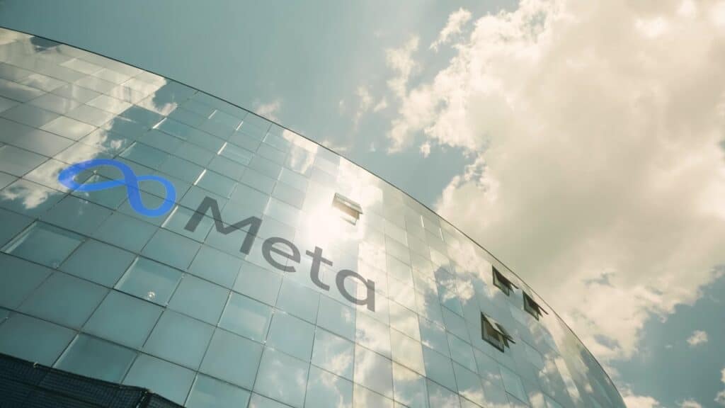 Meta Platforms, Inc logo on the modern office building, view from below