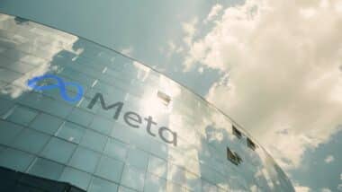Meta Platforms, Inc logo on the modern office building, view from below