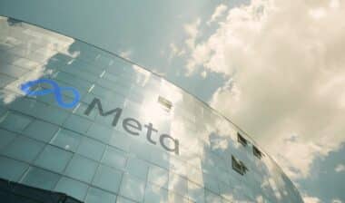 Meta Platforms, Inc logo on the modern office building, view from below