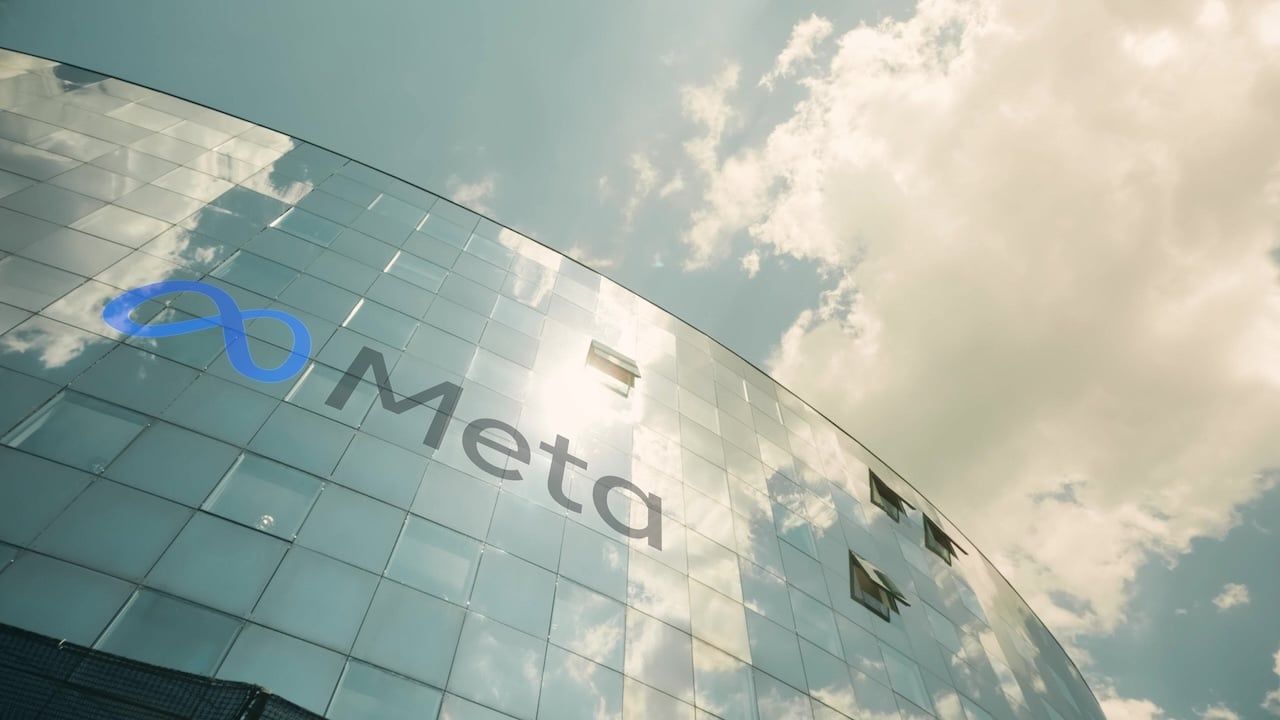 Meta Platforms, Inc logo on the modern office building, view from below