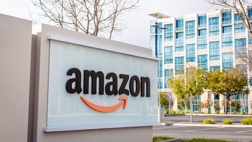 Amazon logo and sign displayed in front of the company corporate offices in Sunnyvale