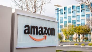 Amazon logo and sign displayed in front of the company corporate offices in Sunnyvale