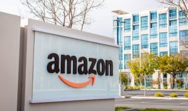 Amazon logo and sign displayed in front of the company corporate offices in Sunnyvale