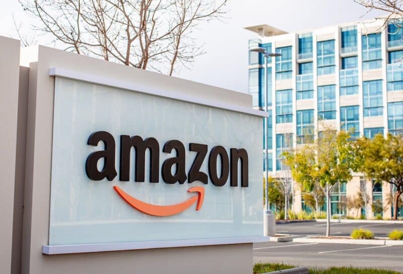 Amazon logo and sign displayed in front of the company corporate offices in Sunnyvale
