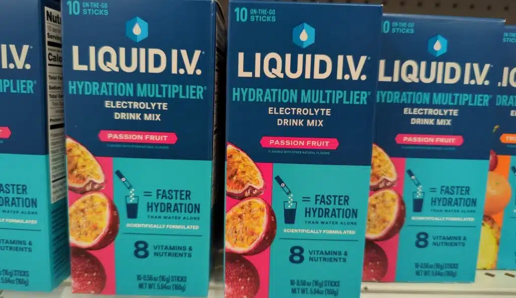 Boxes of Powdered Liquid IV Packets on Shelf