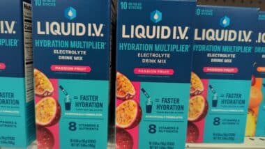 Boxes of Powdered Liquid IV Packets on Shelf