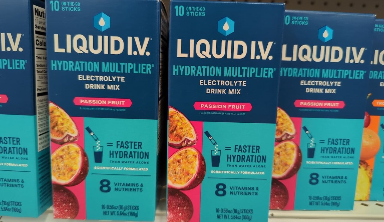 Boxes of Powdered Liquid IV Packets on Shelf
