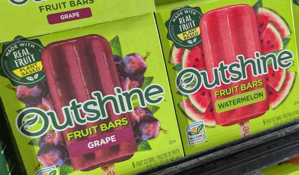 Boxes Packages of Nestle Outshine Fruit Bars Brand Products on Store Shelf at Walmart