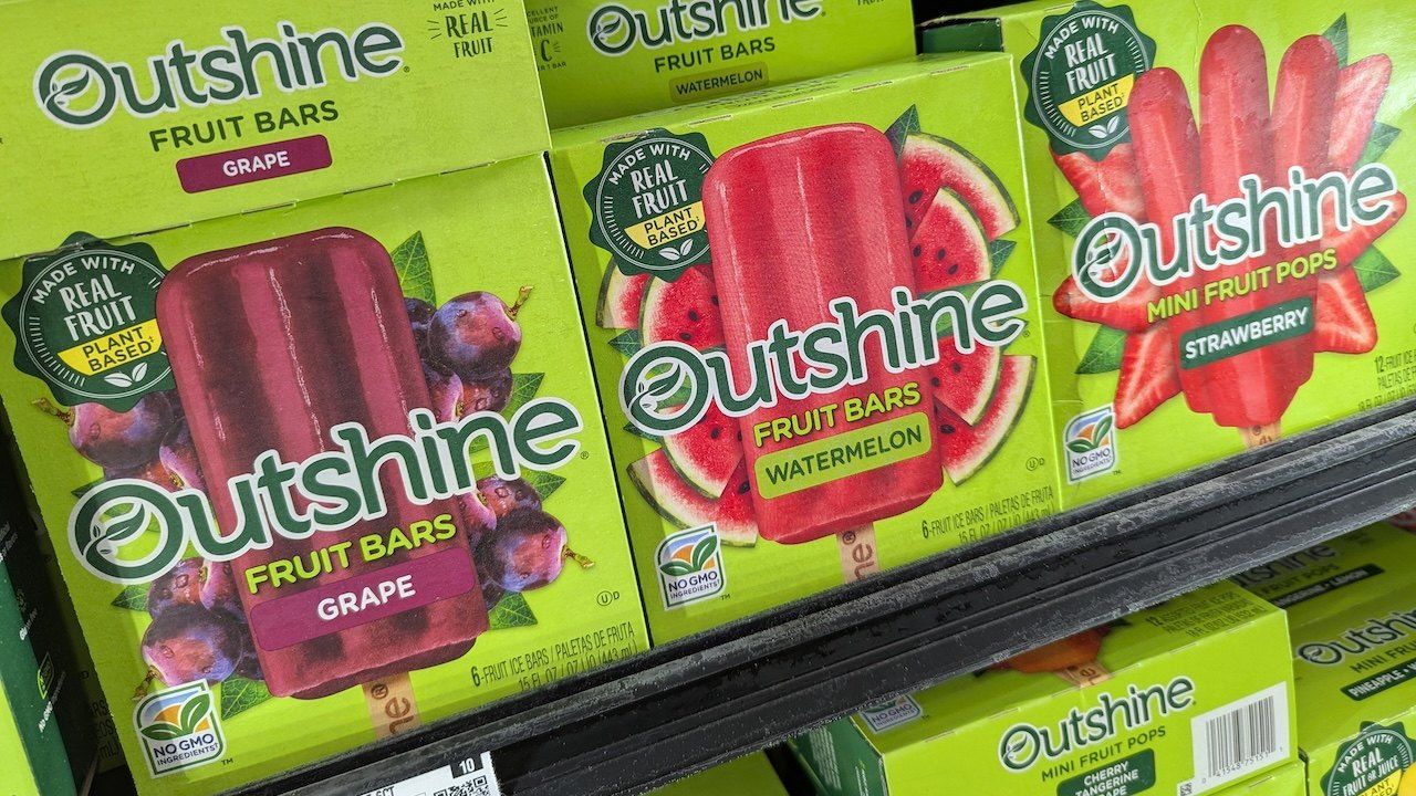 Boxes Packages of Nestle Outshine Fruit Bars Brand Products on Store Shelf at Walmart