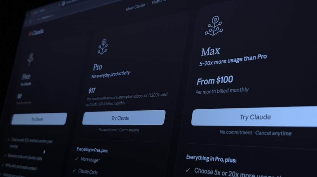 Close up image of Anthropic Official Webpage displaying the pricing plans for Claude Subscription, Claude Free, Claude Pro and Claude Max Plans, Subscription Service