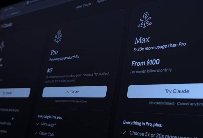 Close up image of Anthropic Official Webpage displaying the pricing plans for Claude Subscription, Claude Free, Claude Pro and Claude Max Plans, Subscription Service