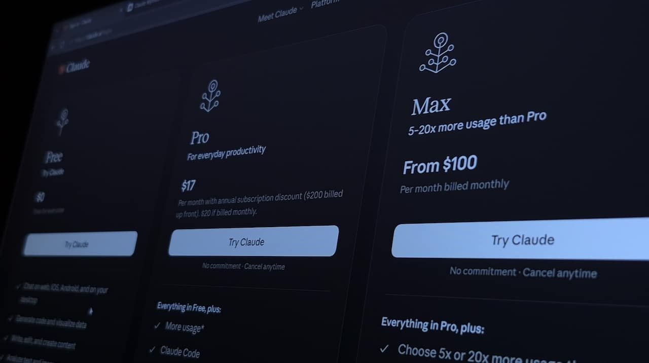 Close up image of Anthropic Official Webpage displaying the pricing plans for Claude Subscription, Claude Free, Claude Pro and Claude Max Plans, Subscription Service