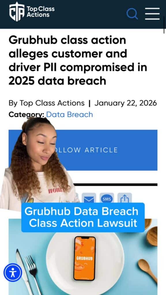 Be sure to follow us for updates on this class action lawsuit! 📲 #GrubHub #FoodDelivery #ClassAction #Consumer #DataBreach