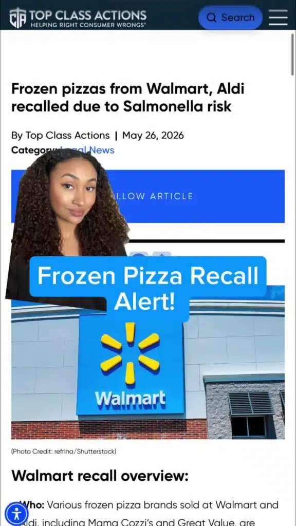 Visit the link in our bio to see if this frozen pizza recall affects you! ⚠️🍕 #Aldi #Walmart #SalmonellaAlert #Recall