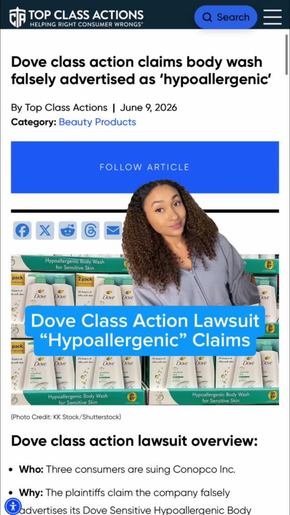 If you're washing with Dove, save this video and follow us for updates! #Dove #BodyWash #ClassAction #Hypoallergenic #Consumer