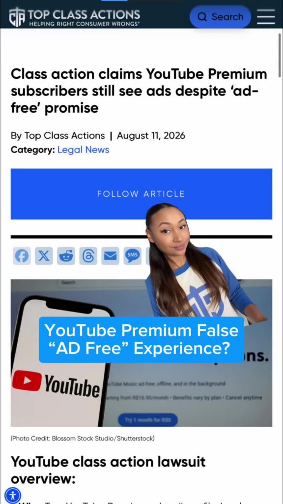 Pay for YouTube Premium but still seeing ads? Follow us for updates on this class action lawsuit. #YouTubePremium #ClassAction
