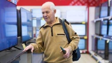 senor man pensioner buying modern digital televisor