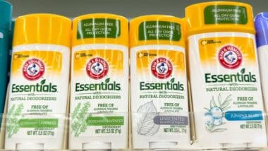 A view of several sticks of Arm and Hammer deodorant, on display at a local retail store.