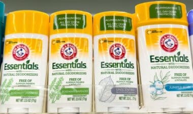 A view of several sticks of Arm and Hammer deodorant, on display at a local retail store.