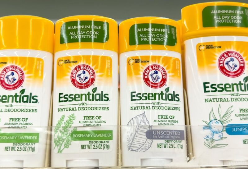 A view of several sticks of Arm and Hammer deodorant, on display at a local retail store.