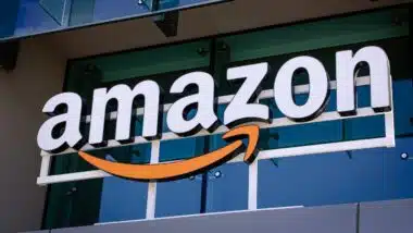 Closeup of Amazon logo on the company office building in Palo Alto, Silicon Valley, San Francisco Bay Area.