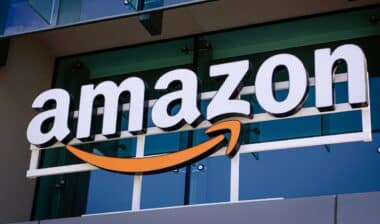 Closeup of Amazon logo on the company office building in Palo Alto, Silicon Valley, San Francisco Bay Area.