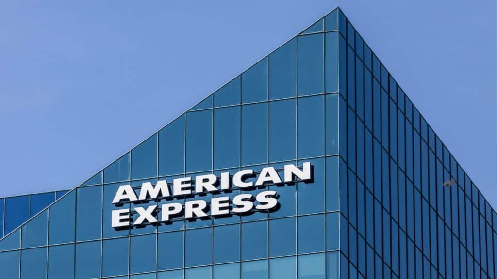 The American Express name sign without the logo on a glass high rise office building