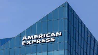 The American Express name sign without the logo on a glass high rise office building