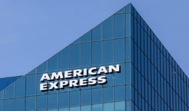 The American Express name sign without the logo on a glass high rise office building