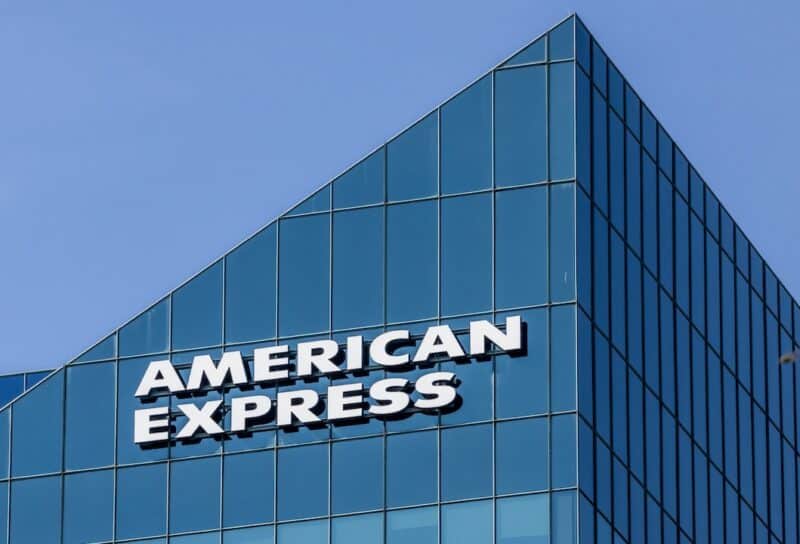 The American Express name sign without the logo on a glass high rise office building